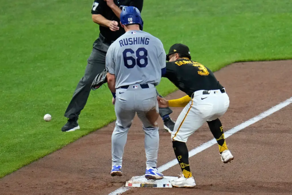 A pick-off throw from Pittsburgh Pirates catcher Henry Davis gets...