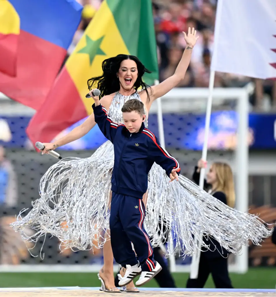 Katy Perry performs during pregame ceremonies prior to the United...