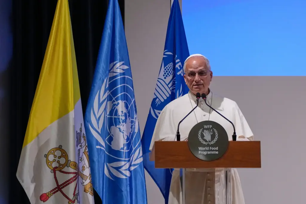 Pope Leo XIV delivers his speech.