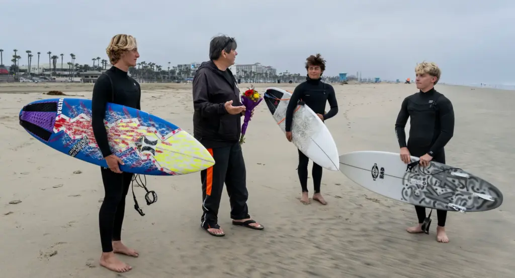 Huntington Beach High School surf team members Dylan Sloan, Brady...