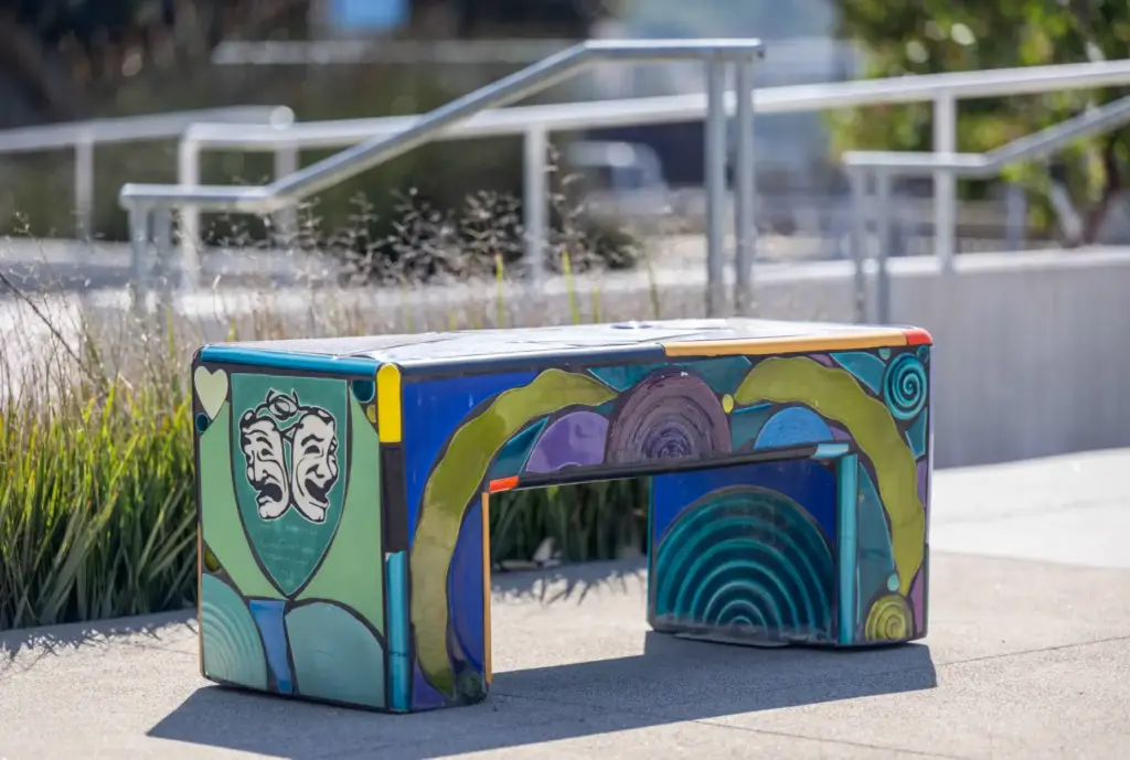 A colorful mosaic bench at Saddleback College in Mission Viejo...