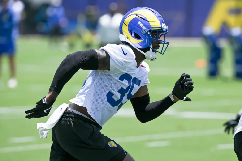 Rams cornerback Jaylen Watson goes through drills during an OTA...