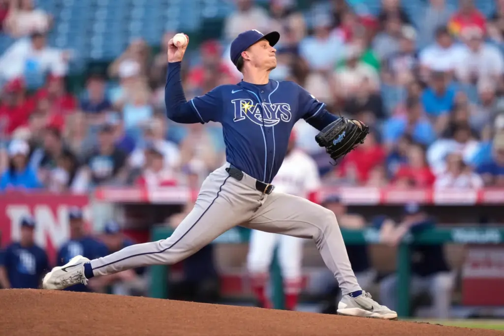 Tampa Bay Rays starting pitcher Griffin Jax throws to the...