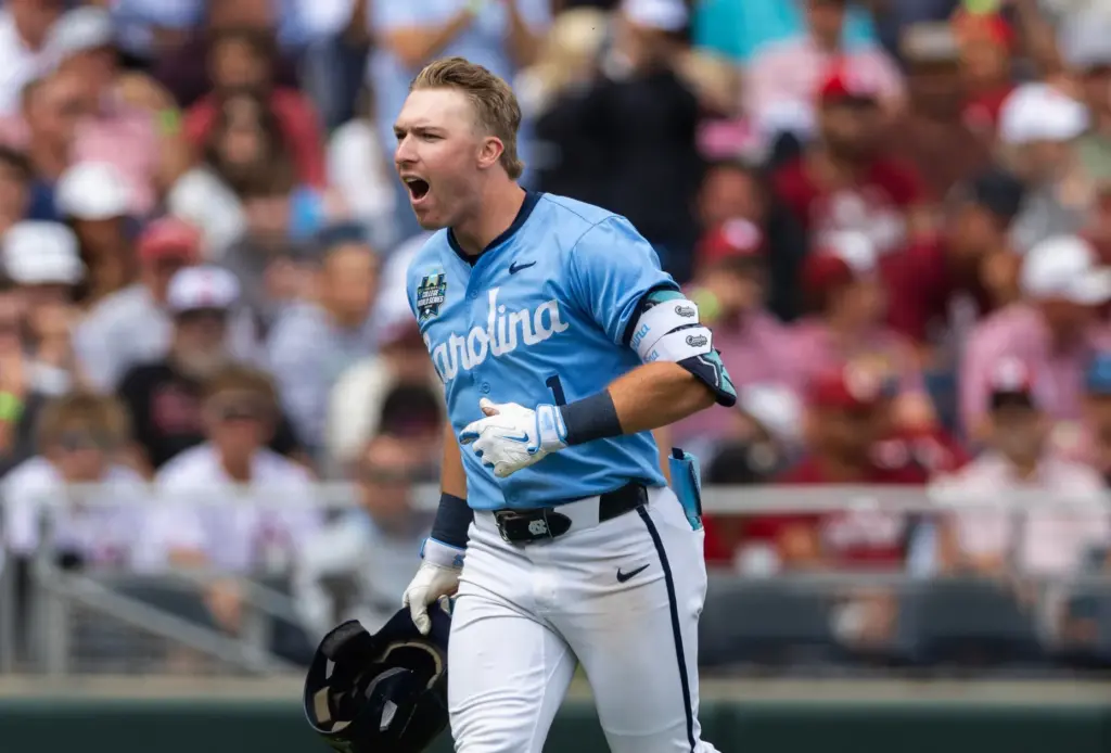 North Carolina’s Cooper Nicholson celebrates after hitting a two-run home...