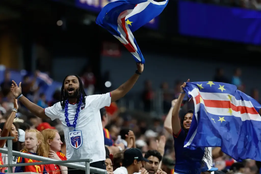 Cape Verde fans cheer during the World Cup Group H...