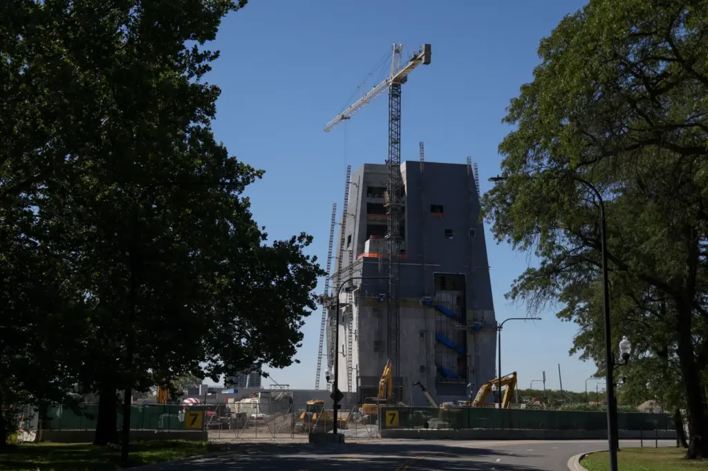 The Obama Presidential Center rises in Woodlawn on Sept. 4,...