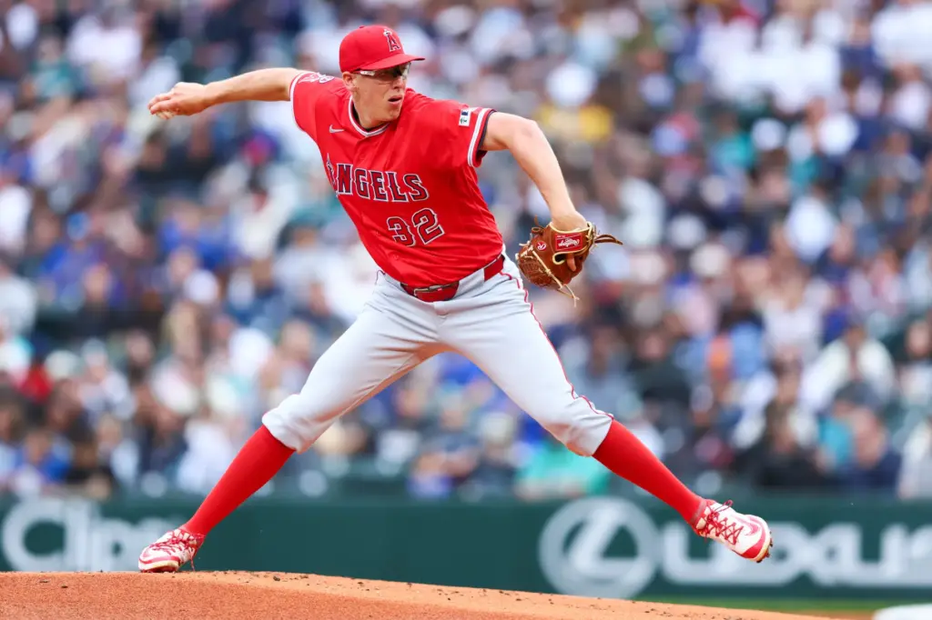 Angels starting pitcher Ryan Johnson throws to the plate during...