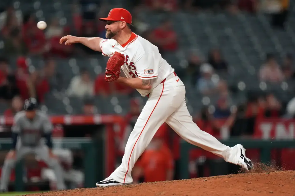 Angels relief pitcher Kirby Yates throws to the plate during...