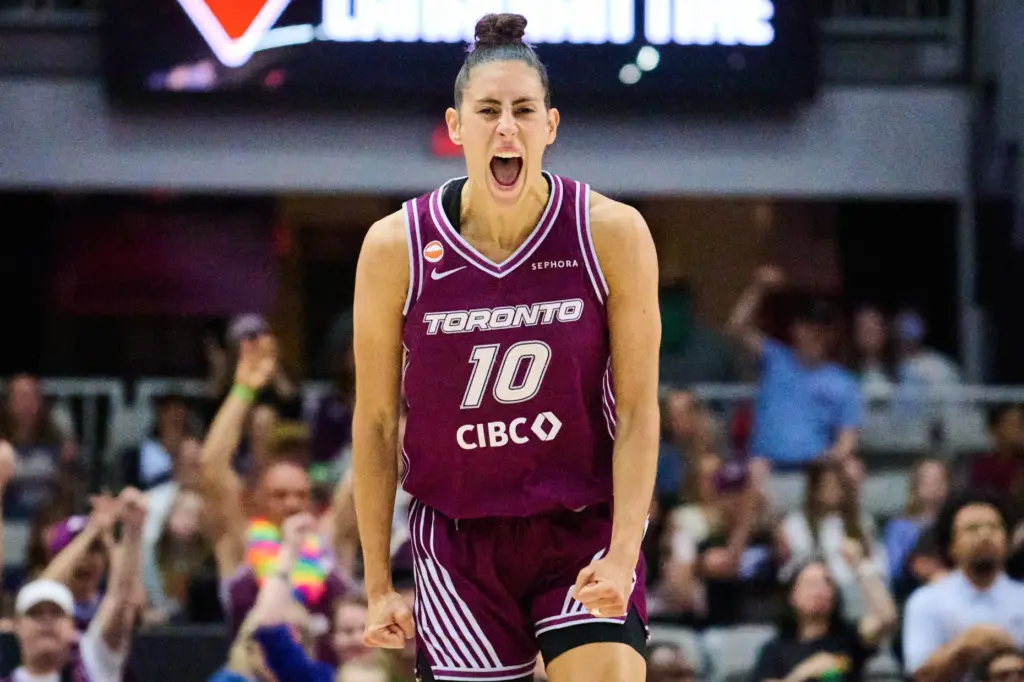 The Toronto Tempo’s Maria Conde celebrates after scoring against the...