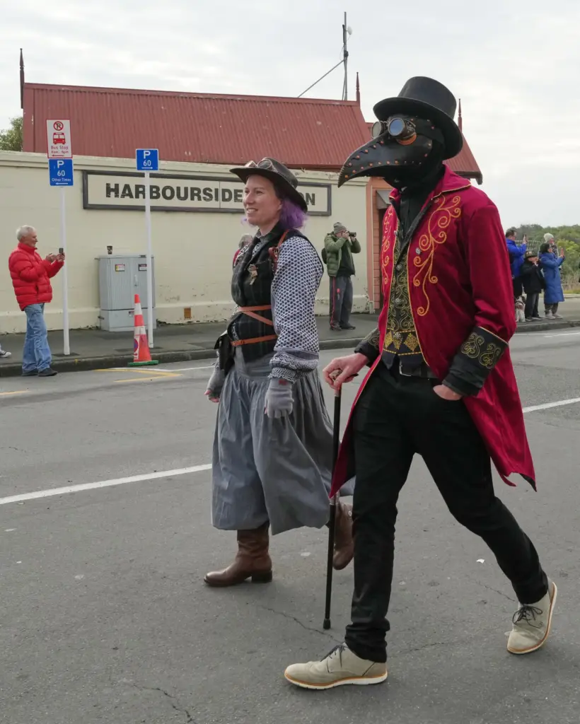 Participants march in a parade at the Steampunk NZ Festival...