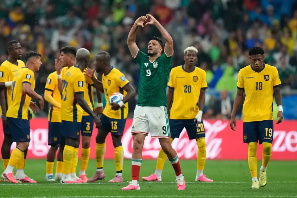 Mexico’s Raul Jimenez (9) celebrates after scoring his side’s second...