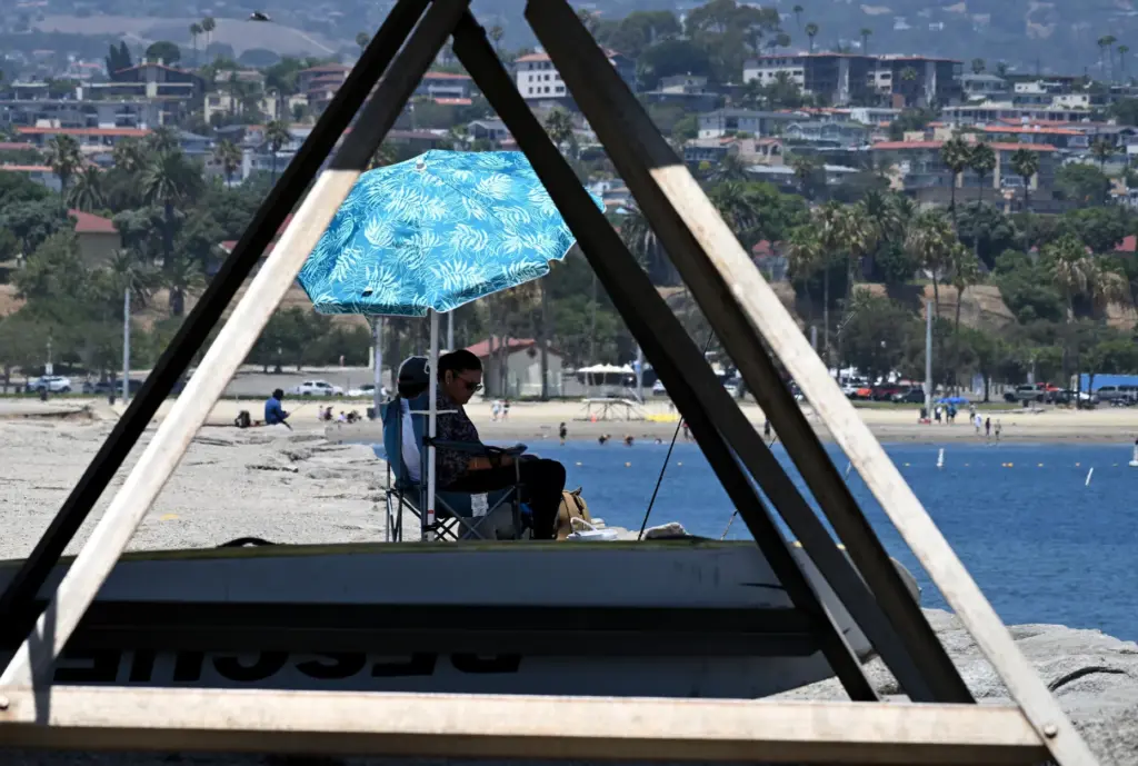 Anglers keep it cool at the Cabrillo Beach breakwater in...
