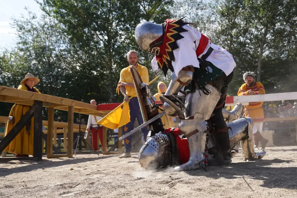 Two fighters battle during the International Medieval Combat Federation's World Championship.