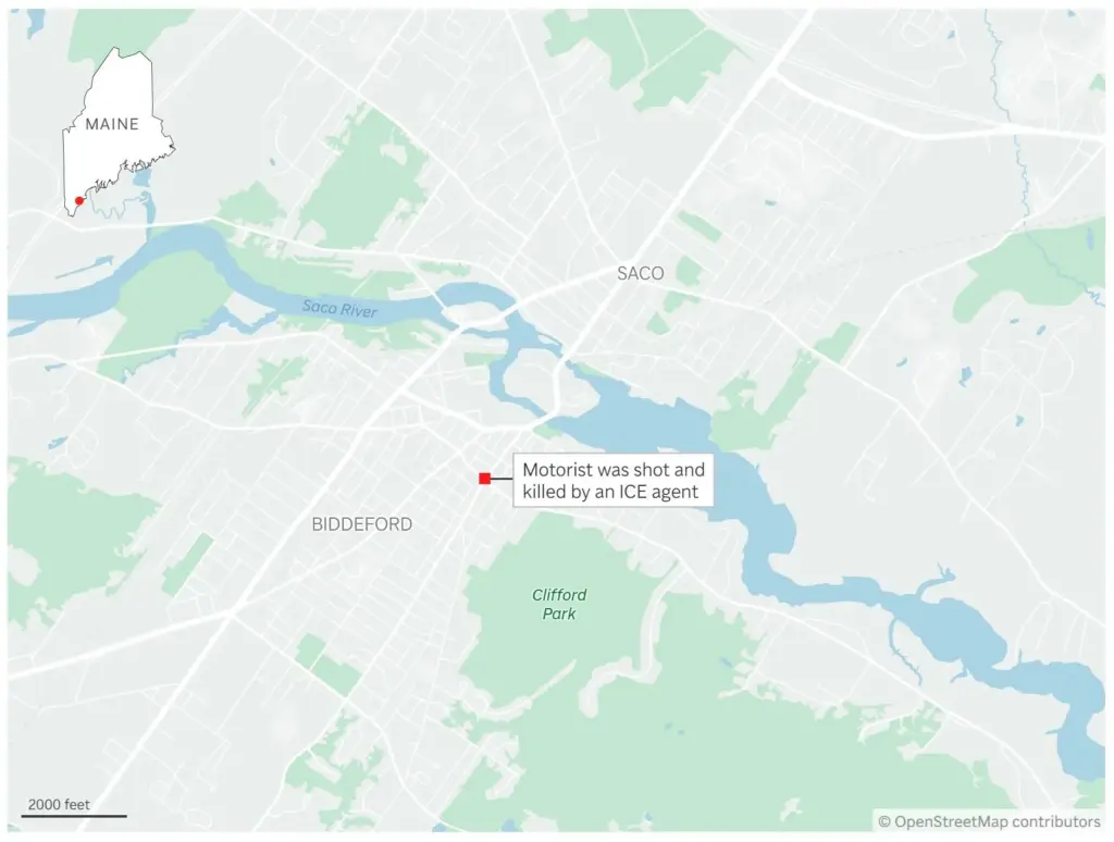 Map showing where an ICE agent shot and killed a motorist in Maine.