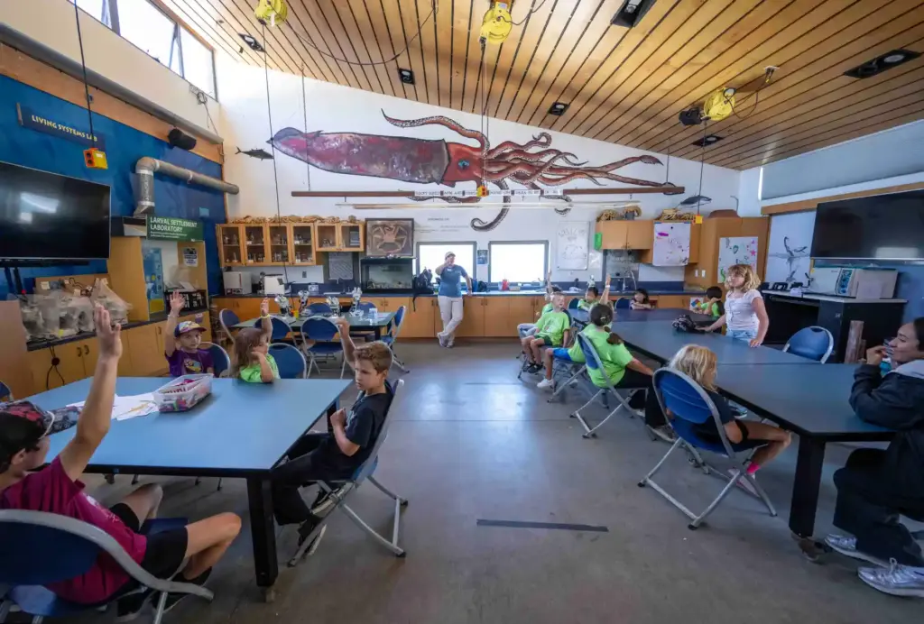 Laura Sanborn, center, a camp counselor at the Ocean Institute,...