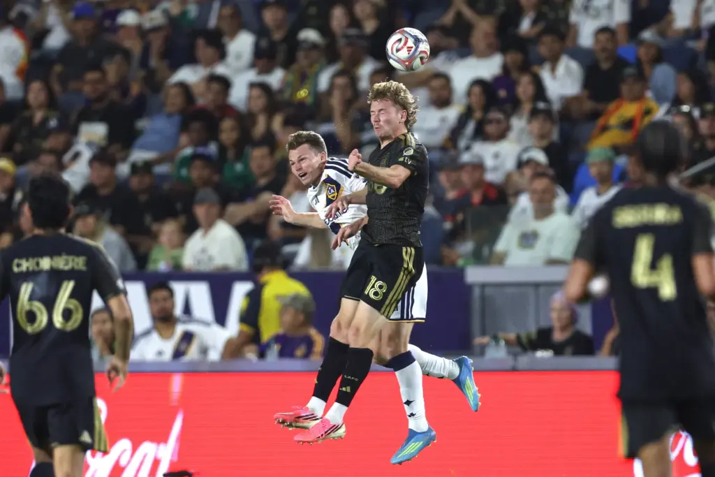 LAFC forward Jacob Shaffelburg (18) heads the ball in front...