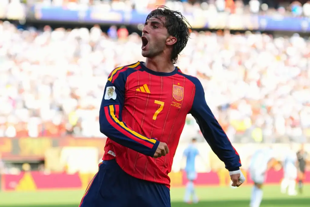 Spain’s Ferran Torres (7) celebrates scoring their first goal during...