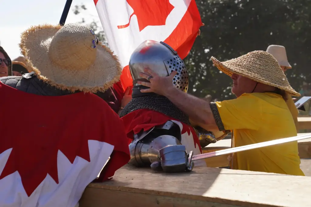 A marshal checks a fighter following a battle at the International Medieval Combat Federation's World Championship.