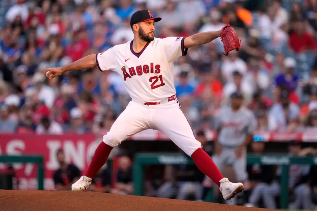 Angels starting pitcher Grayson Rodriguez throws to the plate during...