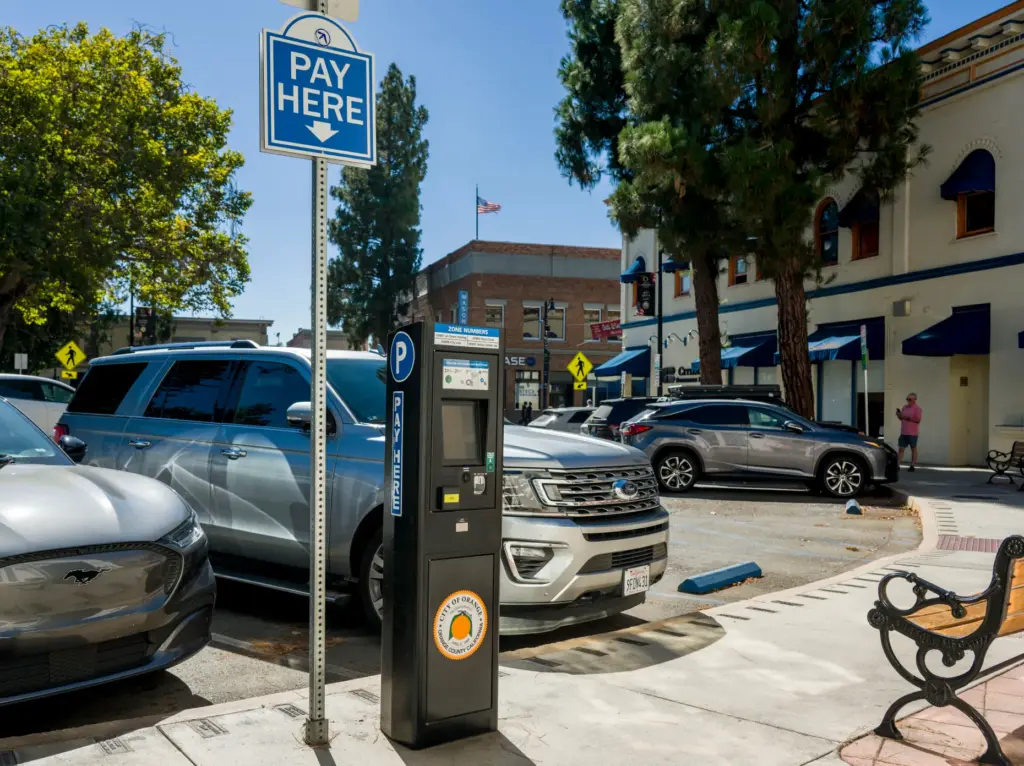 A parking kiosk on The Circle in Old Towne Orange...
