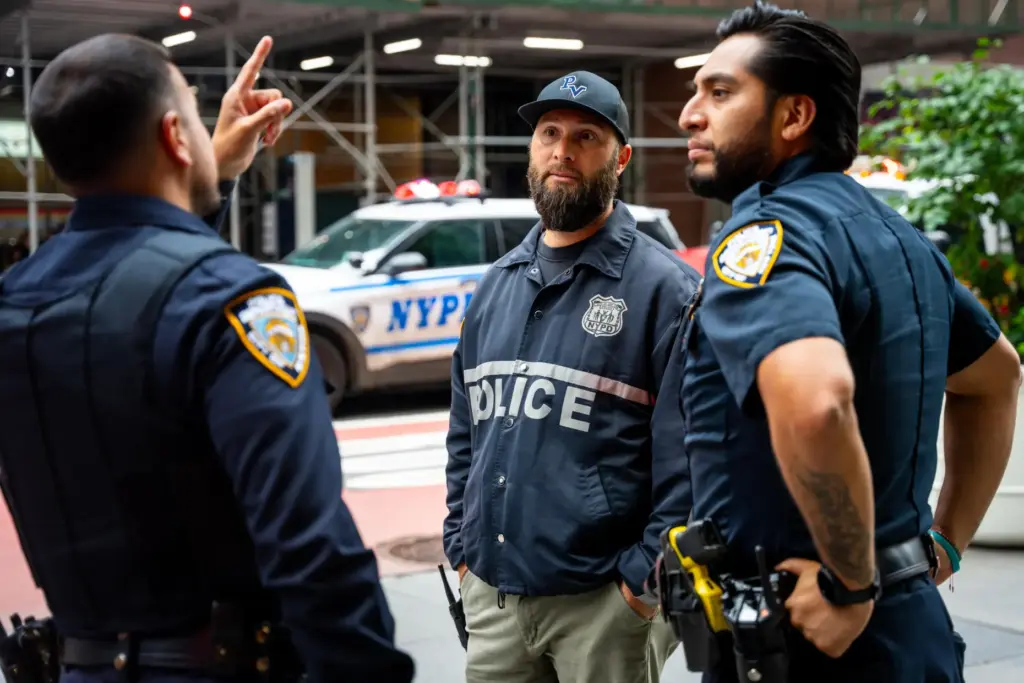 NYPD officers talk about buildings in the area that were...
