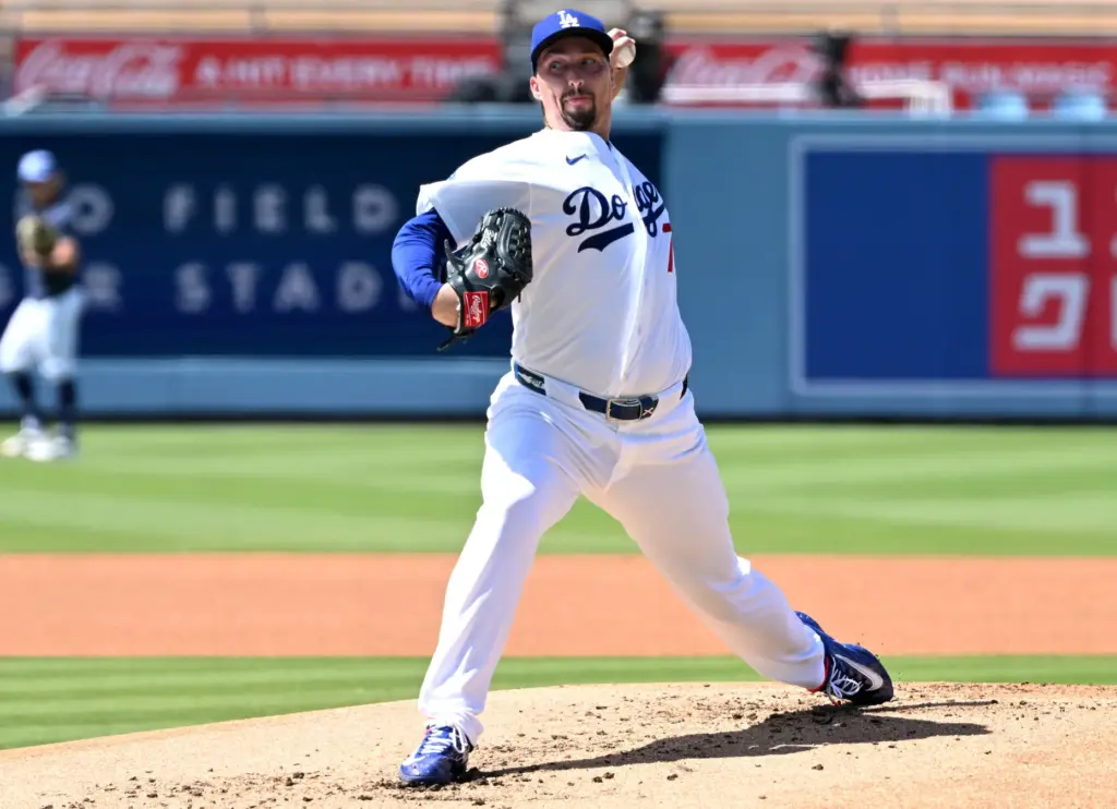 Pitcher Blake Snell of the Los Angeles Dodgers works out...