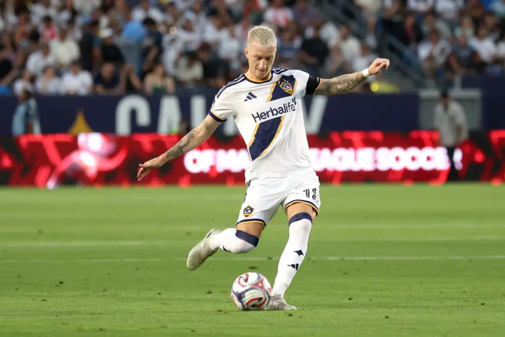 Galaxy midfielder Marco Reus winds up for a free kick...