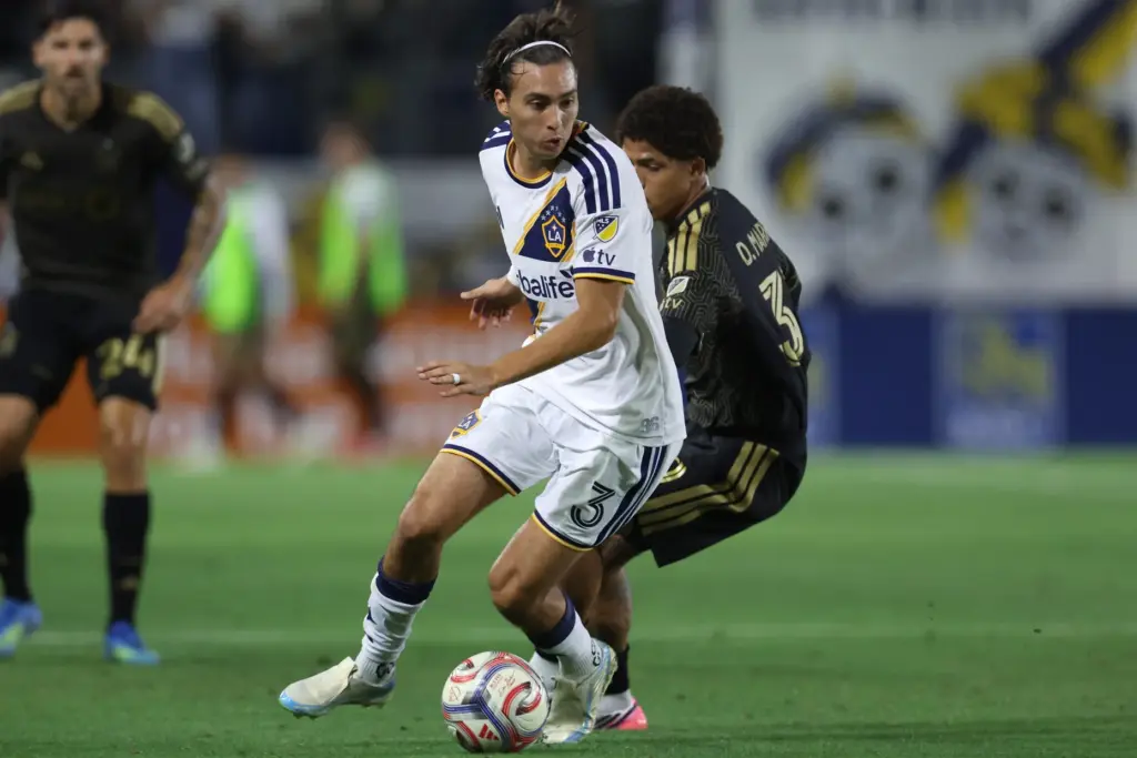 Galaxy defender JuliÃ¡n Aude controls the ball during the second...
