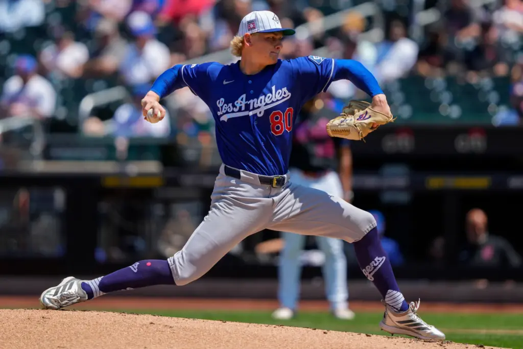 Dodgers pitcher Emmet Sheehan (80) throws during the first inning...