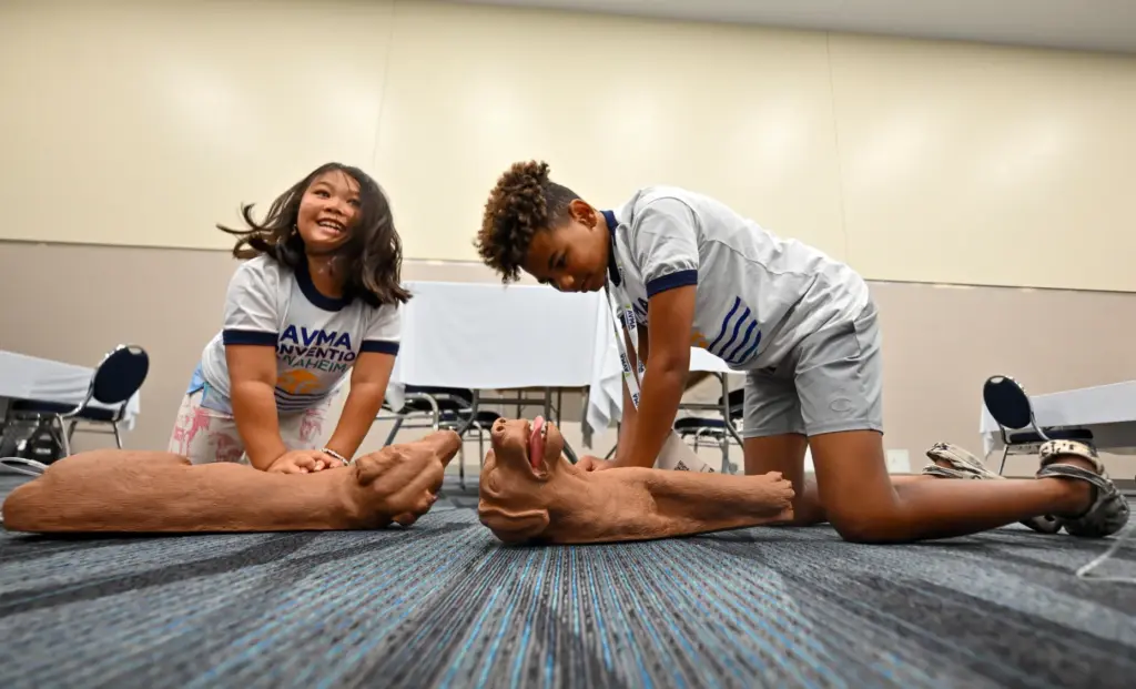 Ariella Topliff Lee, left, and Trenton Connor practice performing CPR...