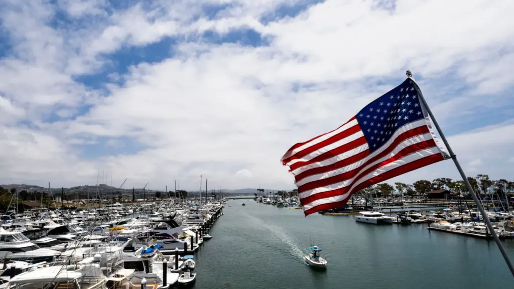 A boat travels through the harbor in Dana Point on...