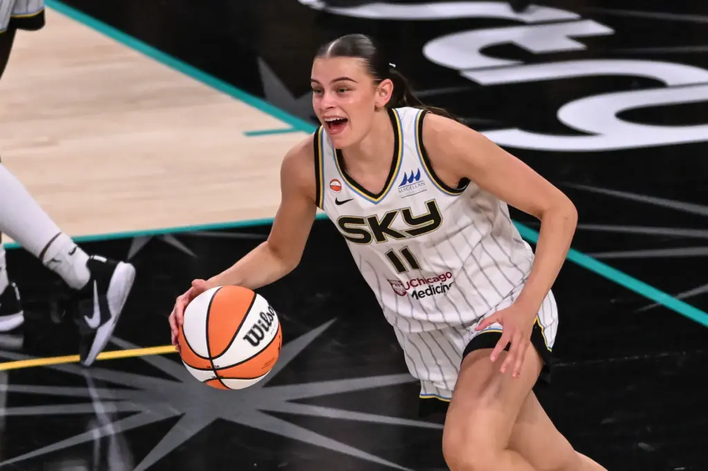 Chicago Sky rookie Gabriela Jaquez pushes the ball down the...