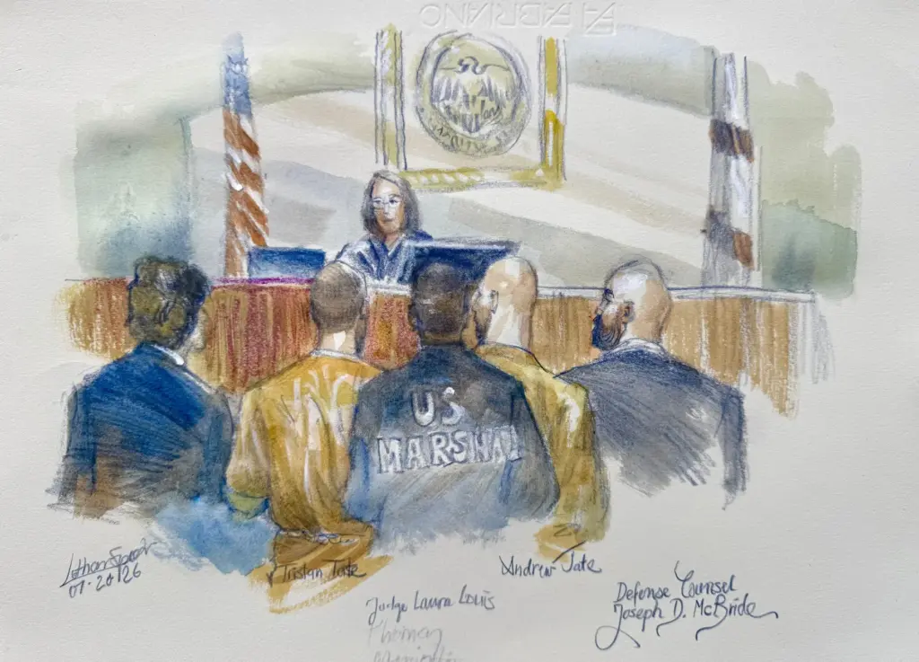 In this courtroom sketch, Andrew and Tristan Tate appear with their attorneys.