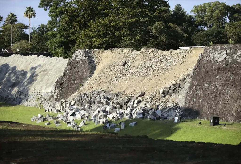 A part of the stone wall of the Kumamoto Castle is seen damaged after an earthquake.