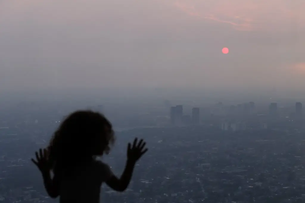 A child looks out from the observation deck of the CN Tower at smoke from wildfires.