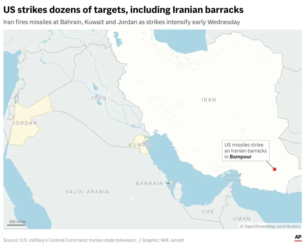 Map showing the location of recent strikes in Iran and the surrounding area.