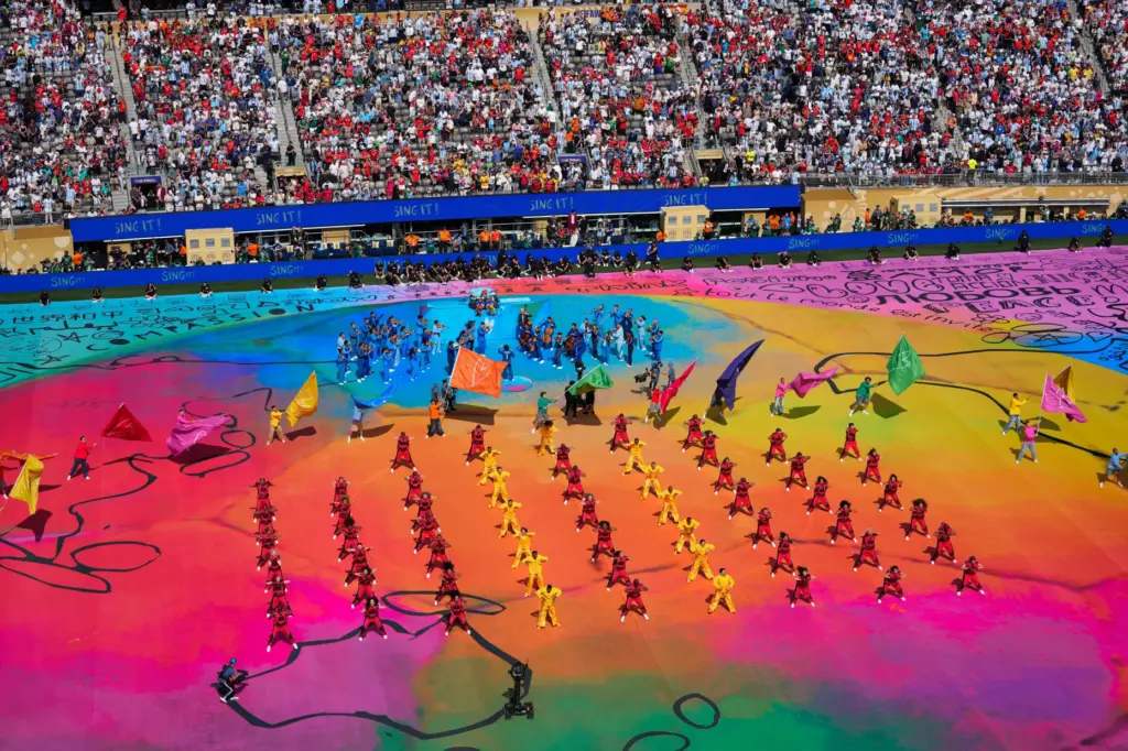 Entertainers perform during halftime of the World Cup final soccer...