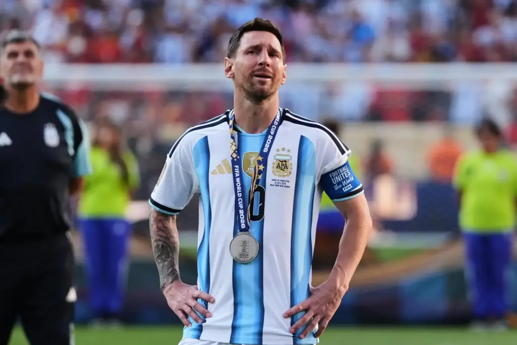 Argentina’s Lionel Messi (10) cries at the end of the...