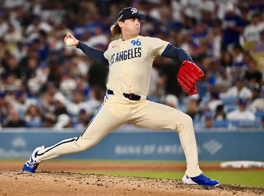 Relief pitcher Landon Knack of the Dodgers throws to the...