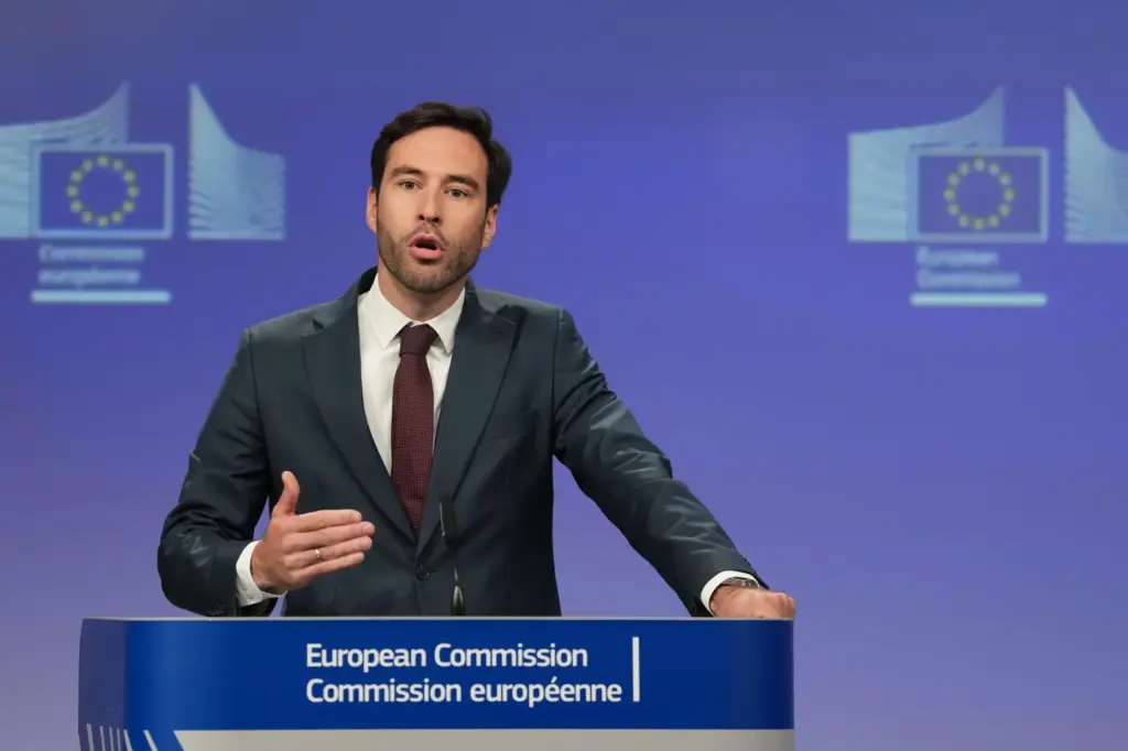 European Commission spokesman Thomas Regnier speaks during a news conference.