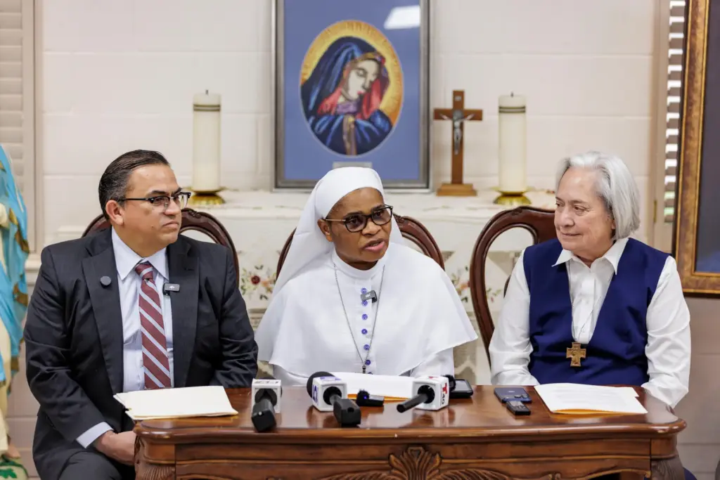 Sister Leticia “Letty” Ugboaja speaks during a news conference at...