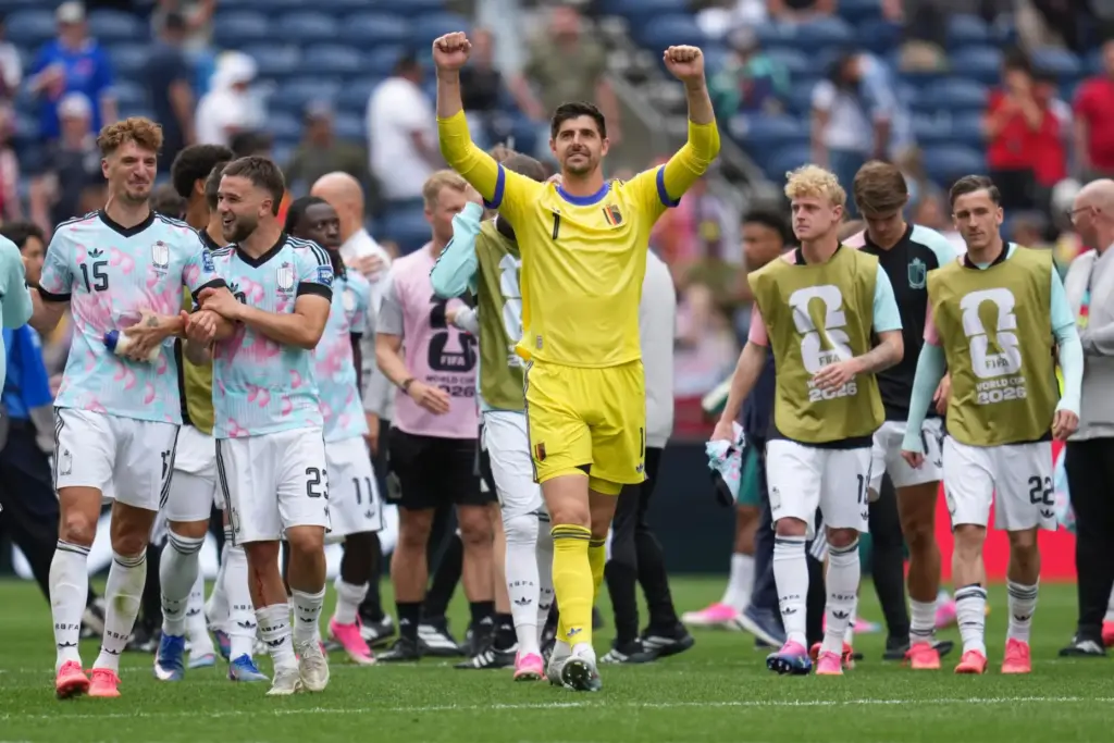 Belgium goalkeeper Thibaut Courtois (1) celebrates the team's win over Senegal.