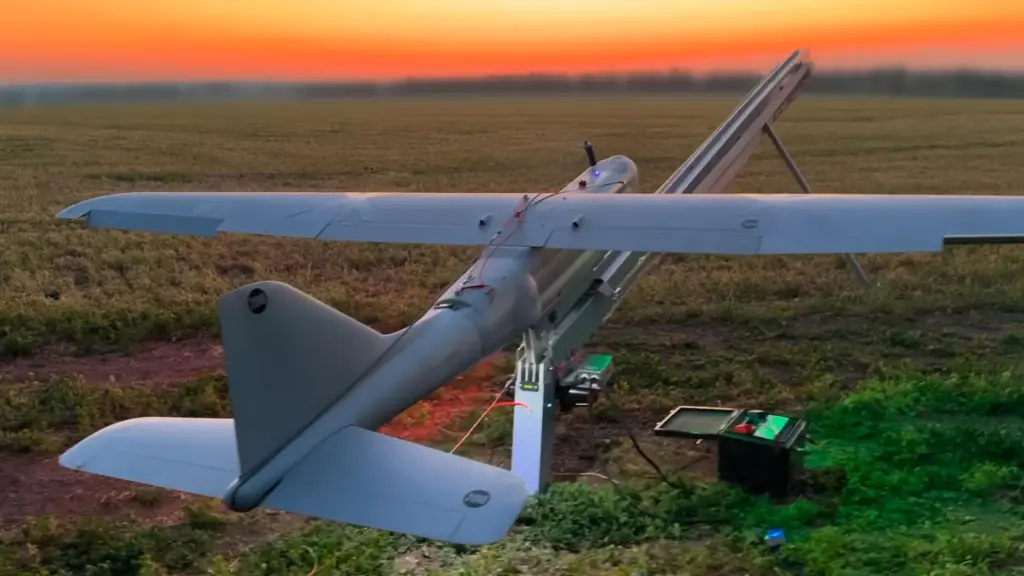 A Russian Orlan-3D reconnaissance drone prior to be launched.