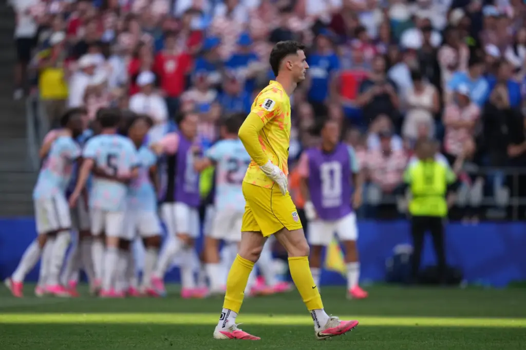 U.S. goalkeeper Matt Freese reacts after Belgium scored their third...
