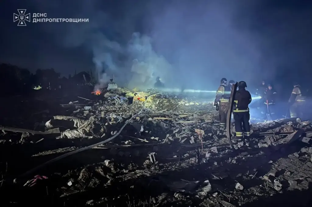 Rescuers search through the rubble following a Russian air attack in Dnipropetrovsk region, Ukraine.