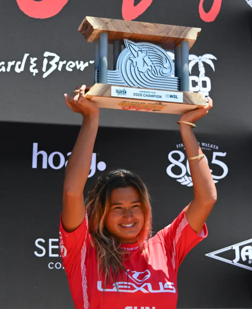 Avalon Gall celebrates after winning the U.S. Open of Surfing...