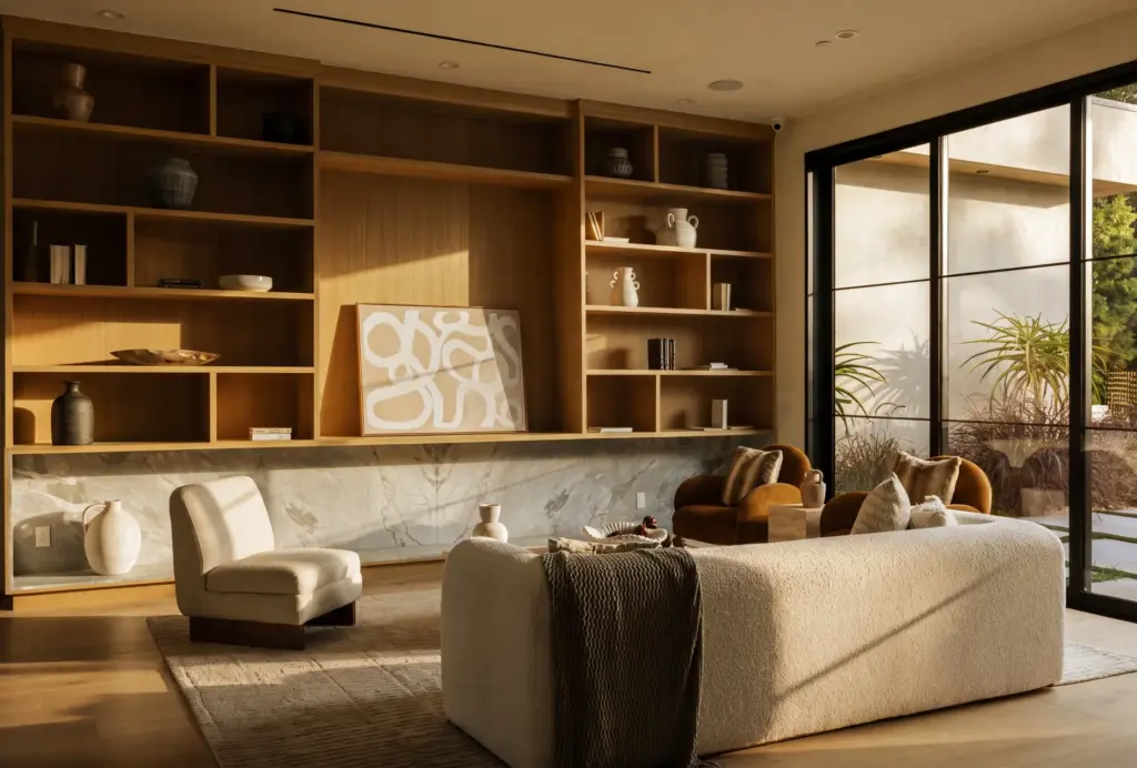 Built-in shelving serves as a focal point in the living...