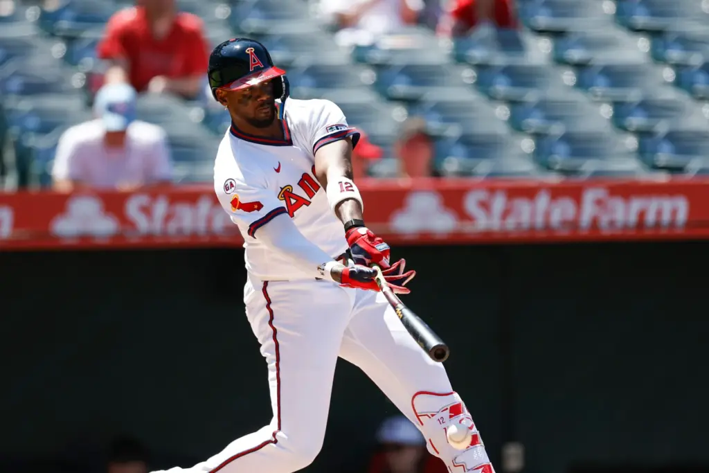 Angels designated hitter Jorge Soler grounds out, allowing Zach Neto...