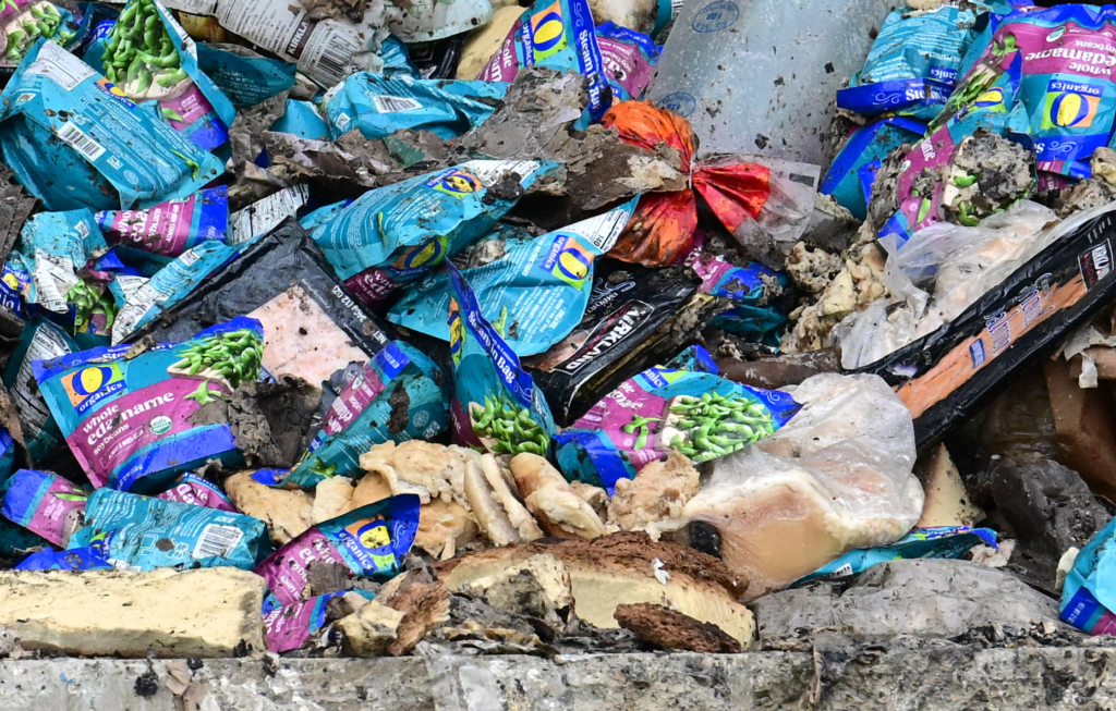 Frozen food packages are seen inside the burned remains of...