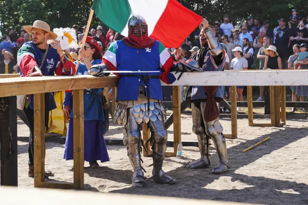 A fighter from Italy awaits a battle at the International Medieval Combat Federation's World Championship.